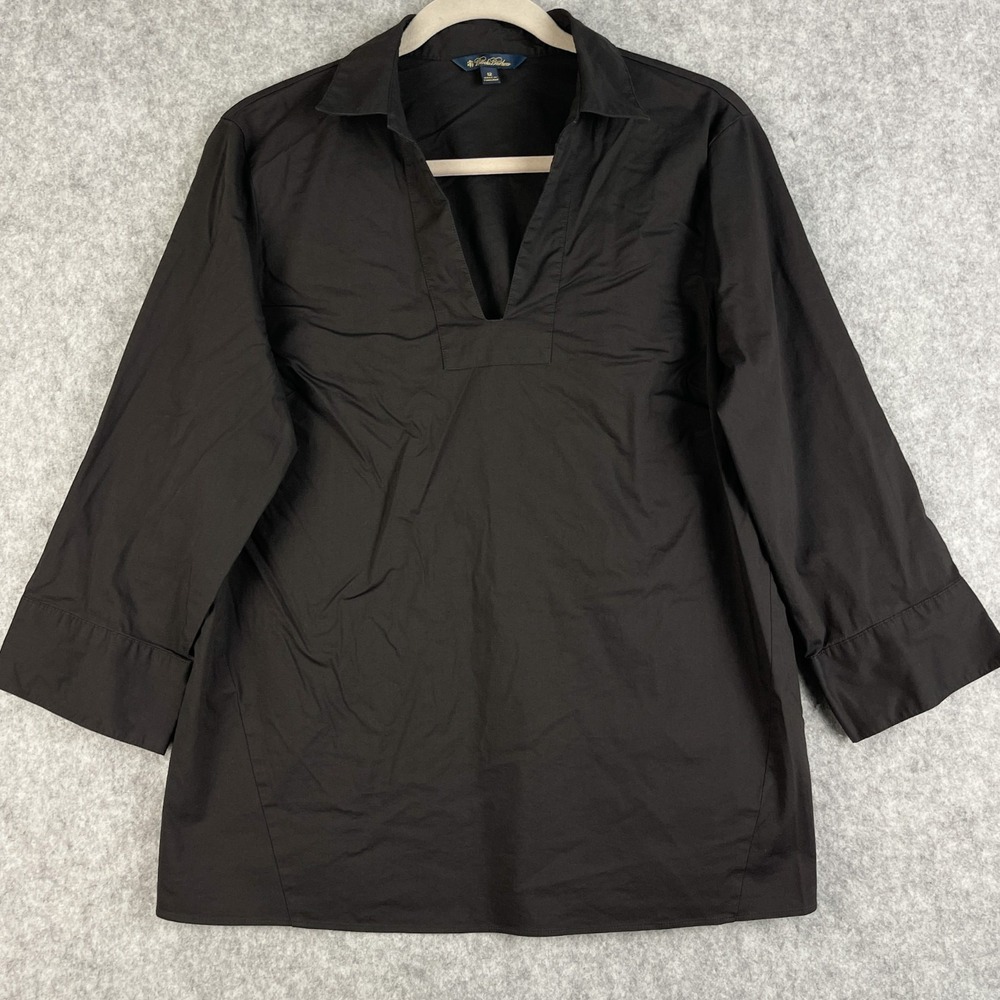 Brooks Brothers Top Womens 12 Black Popover 3/4 Sleeve Lightweight Preppy‎